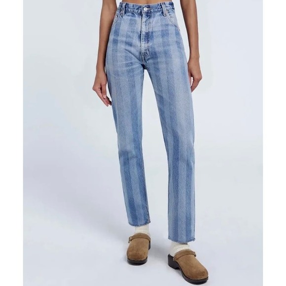 Re/Done Denim - RE/DONE Jeans Womens 26 Blue Stovepipe Stripes Wash High Rise Slim Straight